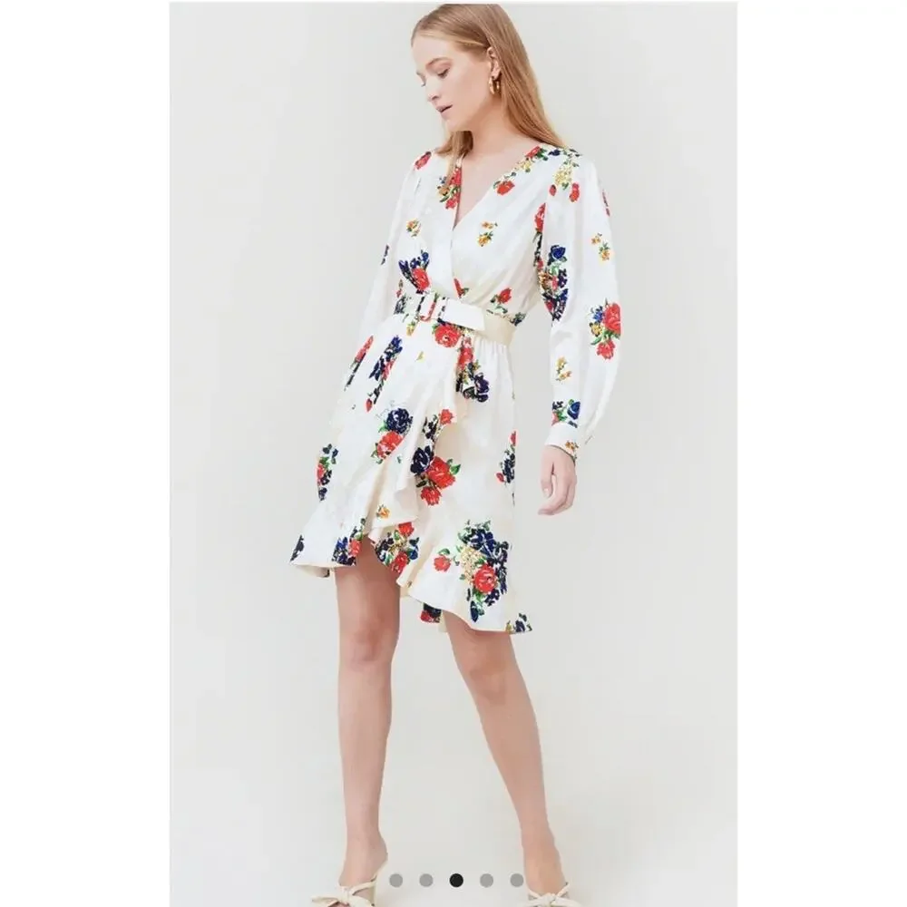 Tory Burch Printed Silk Wrap Dress Ivory Tea Rose Size 8 Floral Luxury Ruffle